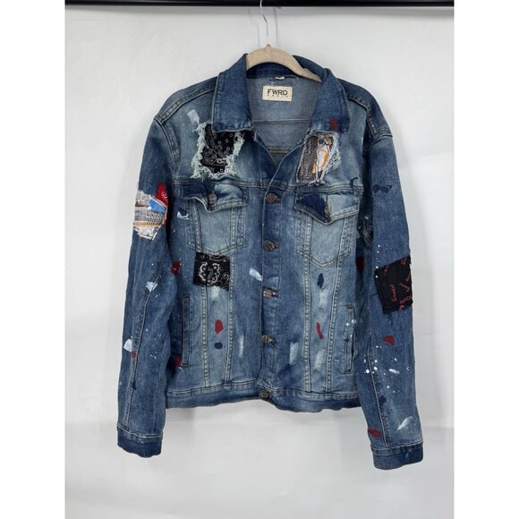 FWRD Patchwork Grunge Paint Splatter Jean Jacket Women XL Blue Skater Retro Y2K - Picture 1 of 10